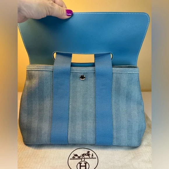 Hermes Valparaiso PM Bag Blue Chevron Canvas Blue Leather, Pouch, Dustbag COA - Picture 13 of 17